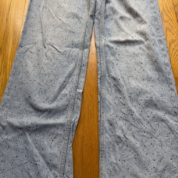 Zara Size 6 Light Wash Denim Rhinestone Embellished Distressed Wide Leg Jeans - Picture 4 of 16